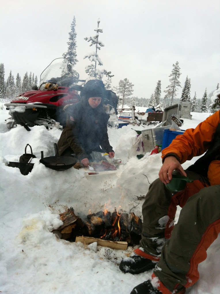 Reindeer burgers cooked on a roaring fire - not bad for lunch on the trail.